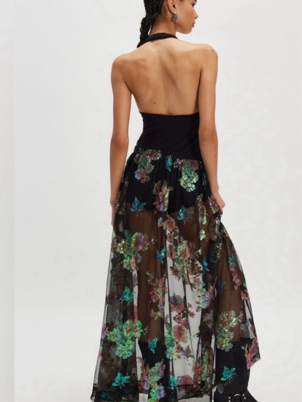 NWT! Fioritura Sequin Floral Sheer Maxi Skirt Side Zipper 8